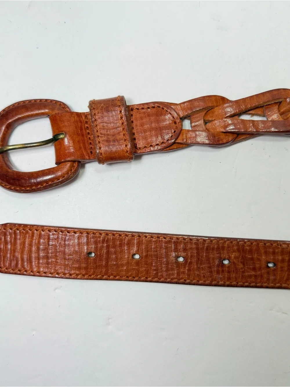 Vintage 90s Cognac Brown Leather Interlocking Puzzle Link Belt Women L /XL Boho